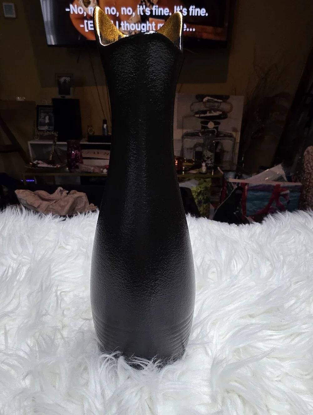 Black Cat Ceramic Vase with Gold Accent